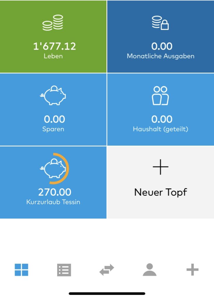 Zak savings pots target calculation household budget automatic budgeting swiss budget app