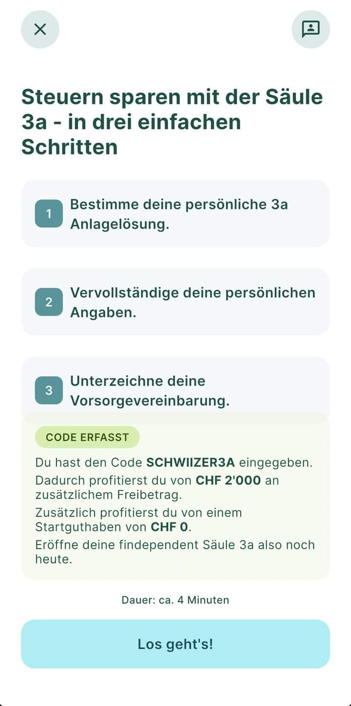 findependent Säule 3a: Erfahrungen, Gebühren und Strategien im Test 7 findependent App: Code erfasst mit CHF 2000 Freibetrag