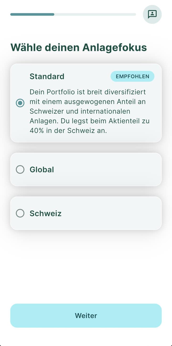 findependent Säule 3a: Erfahrungen, Gebühren und Strategien im Test 2 findependent App: Anlagefokus Standard, Global oder Schweiz wählen