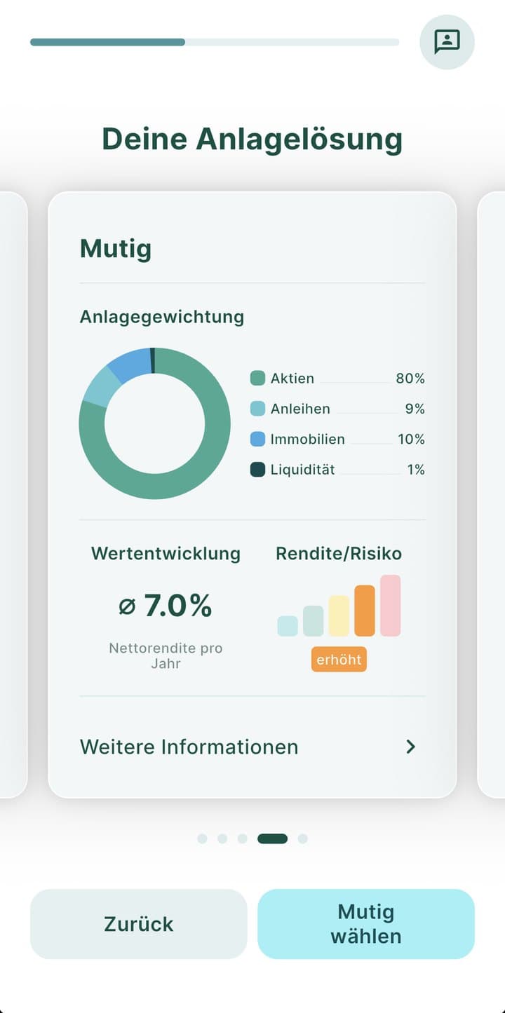 findependent Säule 3a: Erfahrungen, Gebühren und Strategien im Test 3 findependent App: Anlagelösung Mutig mit 80 Prozent Aktien und 10 Prozent Immobilien
