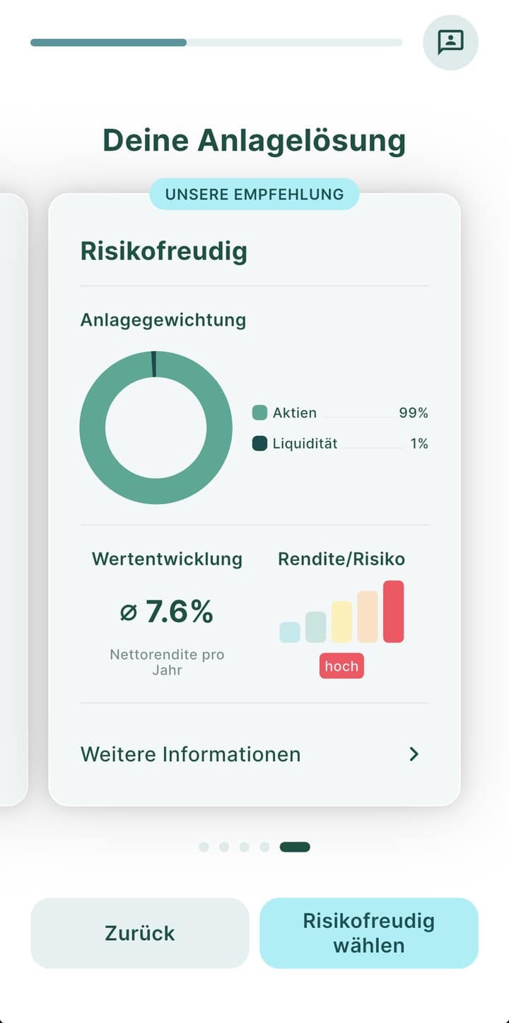 findependent Säule 3a: Erfahrungen, Gebühren und Strategien im Test 4 findependent App: Anlagelösung Risikofreudig mit 99 Prozent Aktien